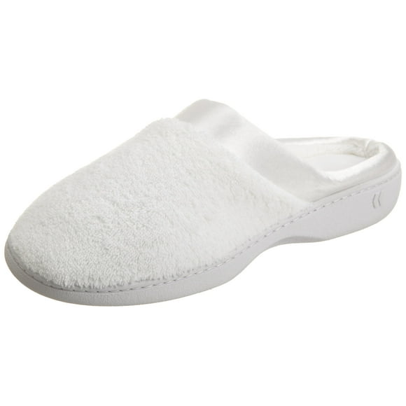 Isotoner Women's Microterry PillowStep Satin Cuff Clog Slippers, White, 8.5-9 B(M) US