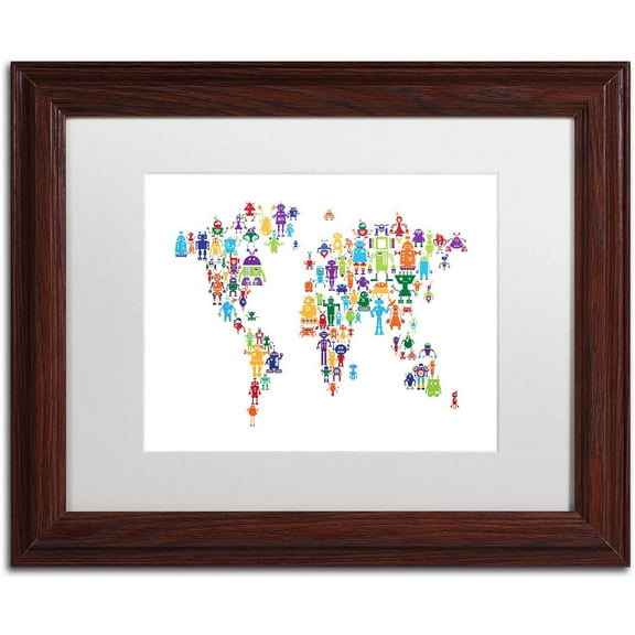 Trademark Fine Art "Robot Map of the World" Canvas Art by Michael Tompsett, White Matte, Wood Frame