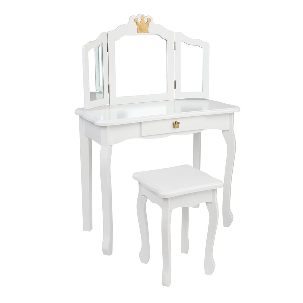 Private Jungle Children's Wooden Dressing Table Three-Sided Folding Mirror Dressing Table Chair Single Drawer,White Crown Style Private Jungle Children's Wooden Dressing Table Three-Sided Folding Mirror Dressing Table Chair Single Drawer,White Crown Style