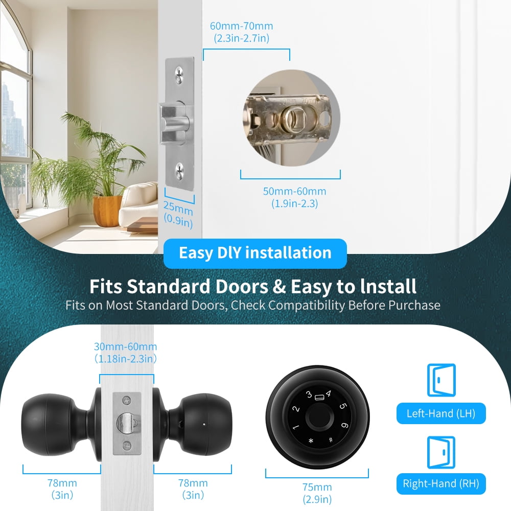 Fingerprint Door Lock, Smart Fingerprint Door Knob with Keypad, Biometric Door Lock with App Control, Auto Lock Door Lock with Code, Keyless Door Knob with Lock for Bedroom, Home,Office