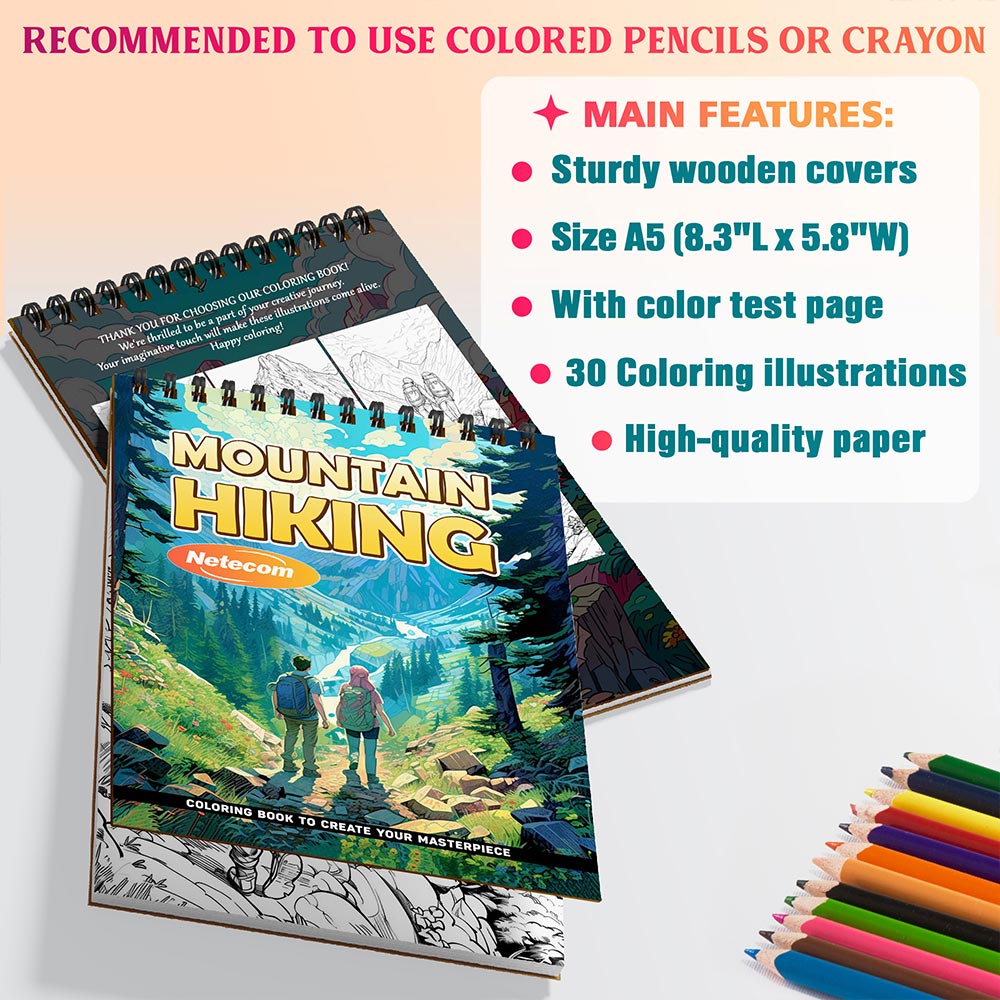 Mountain Hiking Coloring Book Spiral Bound For Adults, A5 Wooden Cover, 30 Captivating Coloring Pages of Mountain Hiking Escapes for Stress Relief and Relaxation