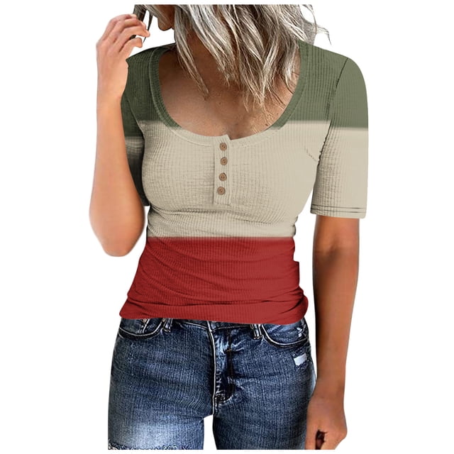 Birdeem T-Shirt à Col Rond Boutonné pour Femmes Haut à Manches Courtes Ample