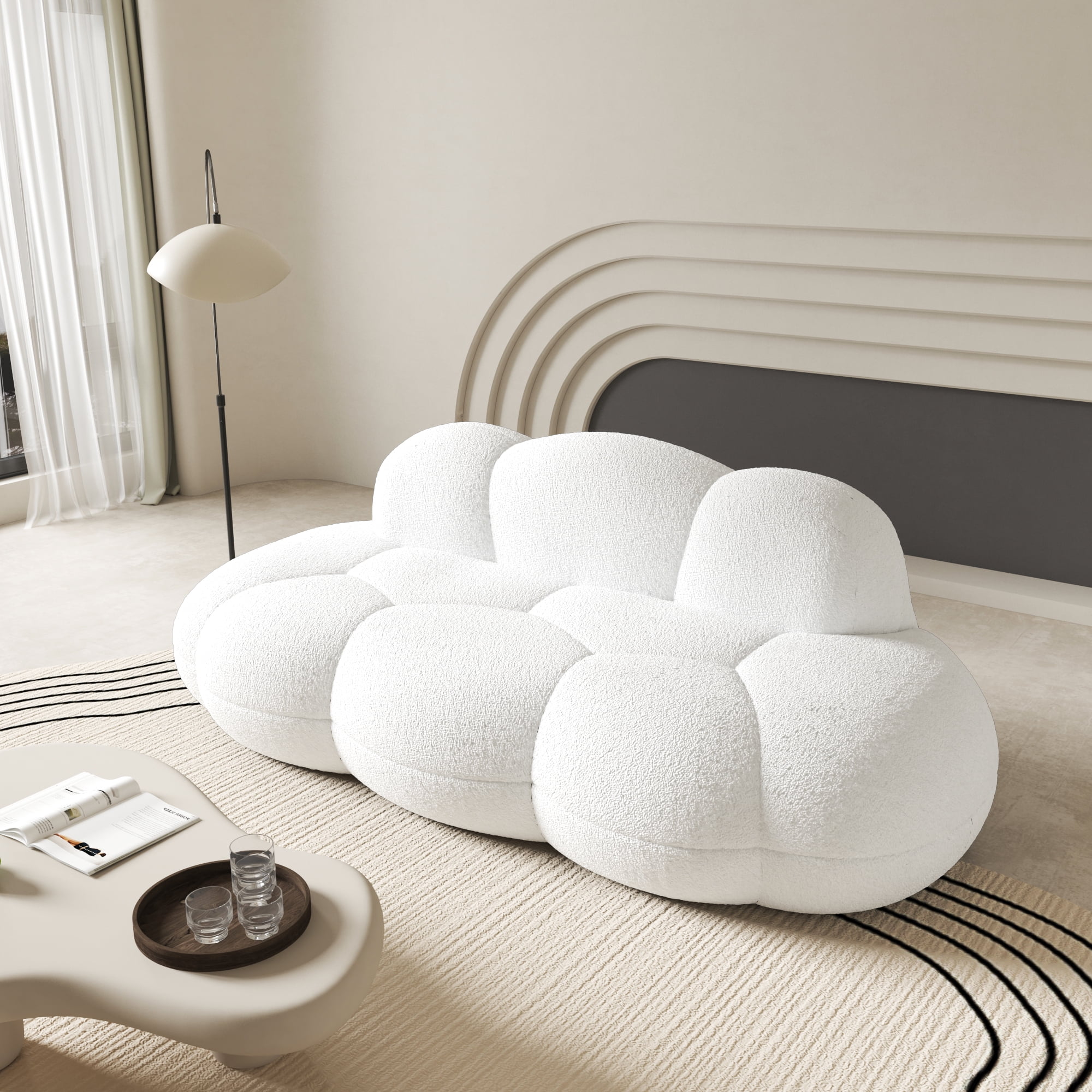 90" Modern Curved Cloud Shaped Couch for Living Room, Boucle LoveSeat 3 Seater Sofa, Upholstered Cloud Couch for Bedroom, Apartment, Small Space (White, No Assembly Required)