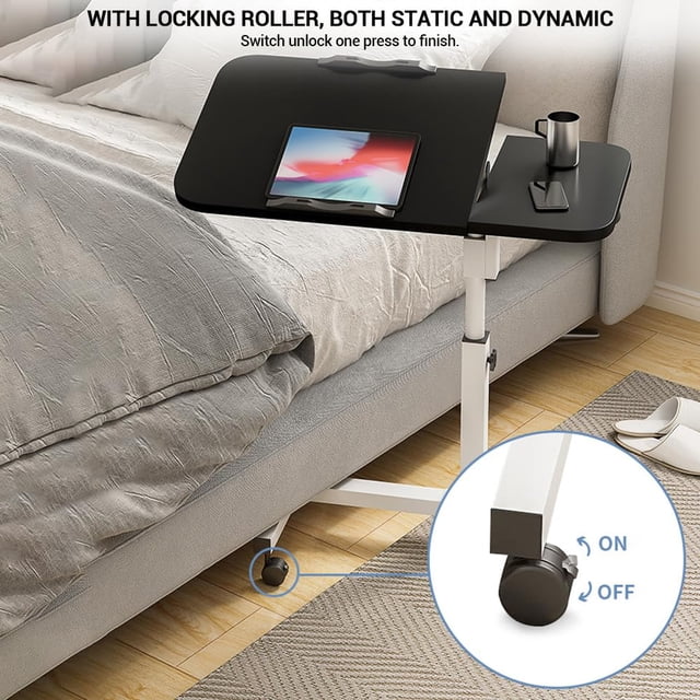 Table Mobile au-Dessus du Lit à Hauteur Réglable, 23,6–37,4 Po – Bureau Ergonomique à Roulettes avec Surface Inclinable pour Hôpital, Bureau à Domicile, Canapé – Bureau de Chevet pour Portable, Couleur : Noir