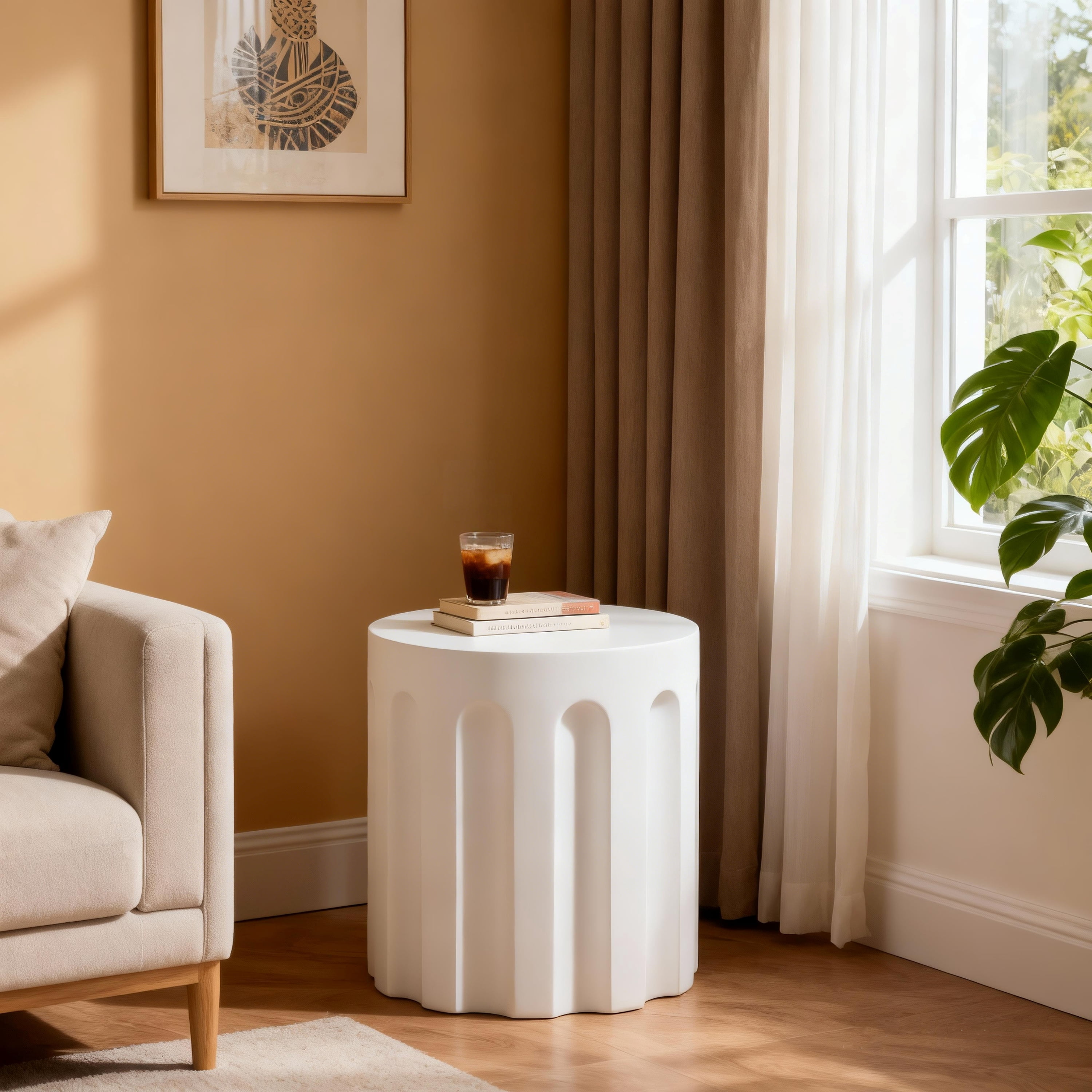 Outdoor White Cylindrical Concrete Side Table for Patio Balcony, White