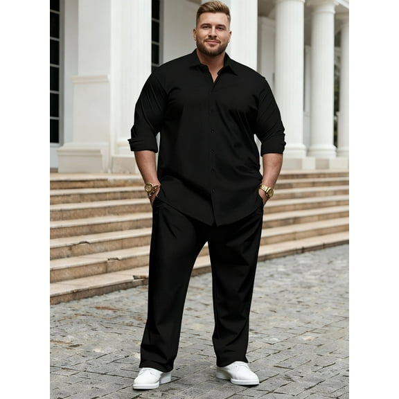 Plus size men's casual suit, solid color machine washable two-piece long-sleeved shirt