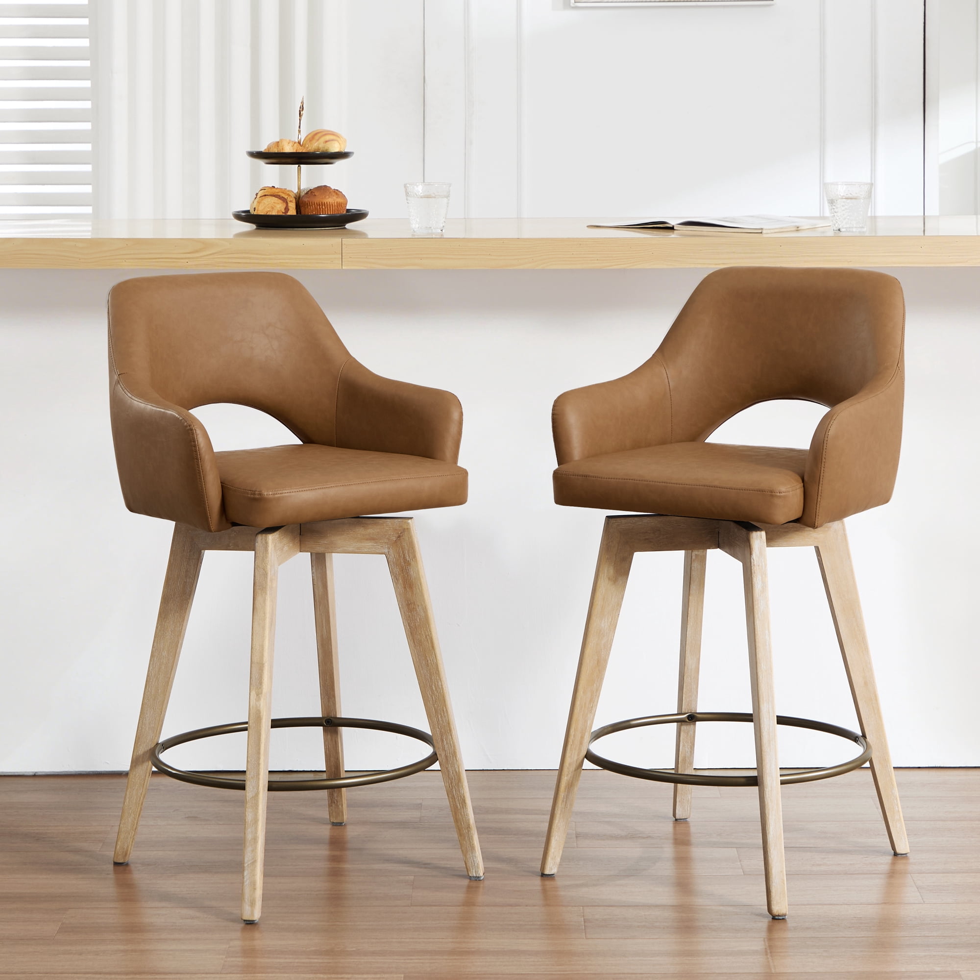 Zesthouse 26.8″ Swivel Counter Height Bar Stools Set of 2, Upholstered Faux Leather Bar Stools with Back and Wood Legs, Mid Century Modern Barstool Island Chairs for Kitchen Counter, Brown