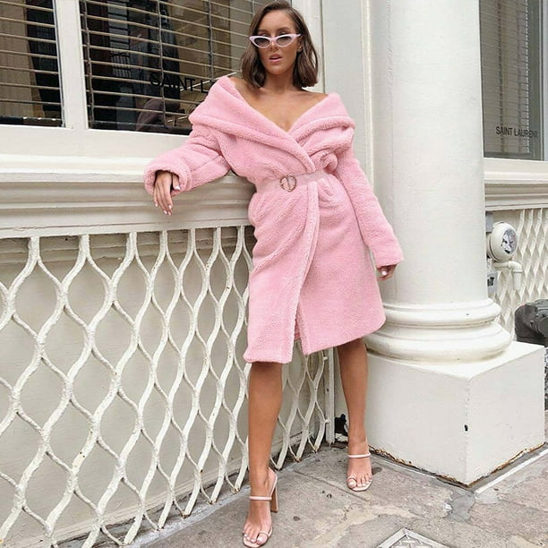 Women Winter Longline Faux Fur Coat Open Front Long Sleeve Warm Fleece Cardigan Fluffy Outerwear Com Women Winter Longline Faux Fur Coat, Pink Longline Faux Fur Coat