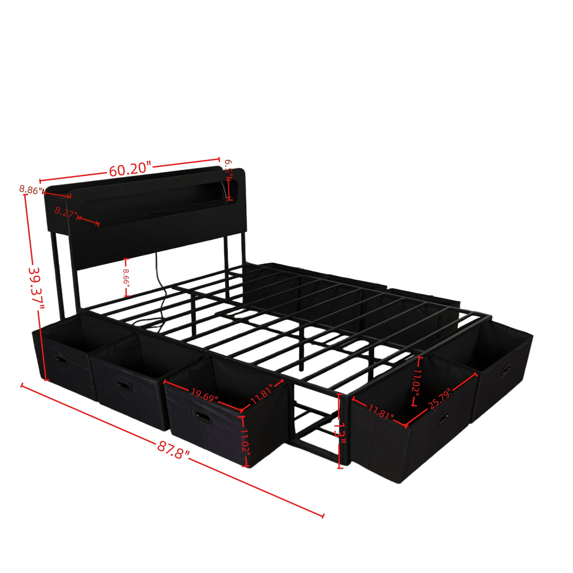 Leumius Queen Size Bed Frame with 8 Storage Drawers,Metal Platform Bed with 2-Tier Storage & LED Light Headboard, Charging Station, USB Port & Type C,No Box Spring Needed,Black