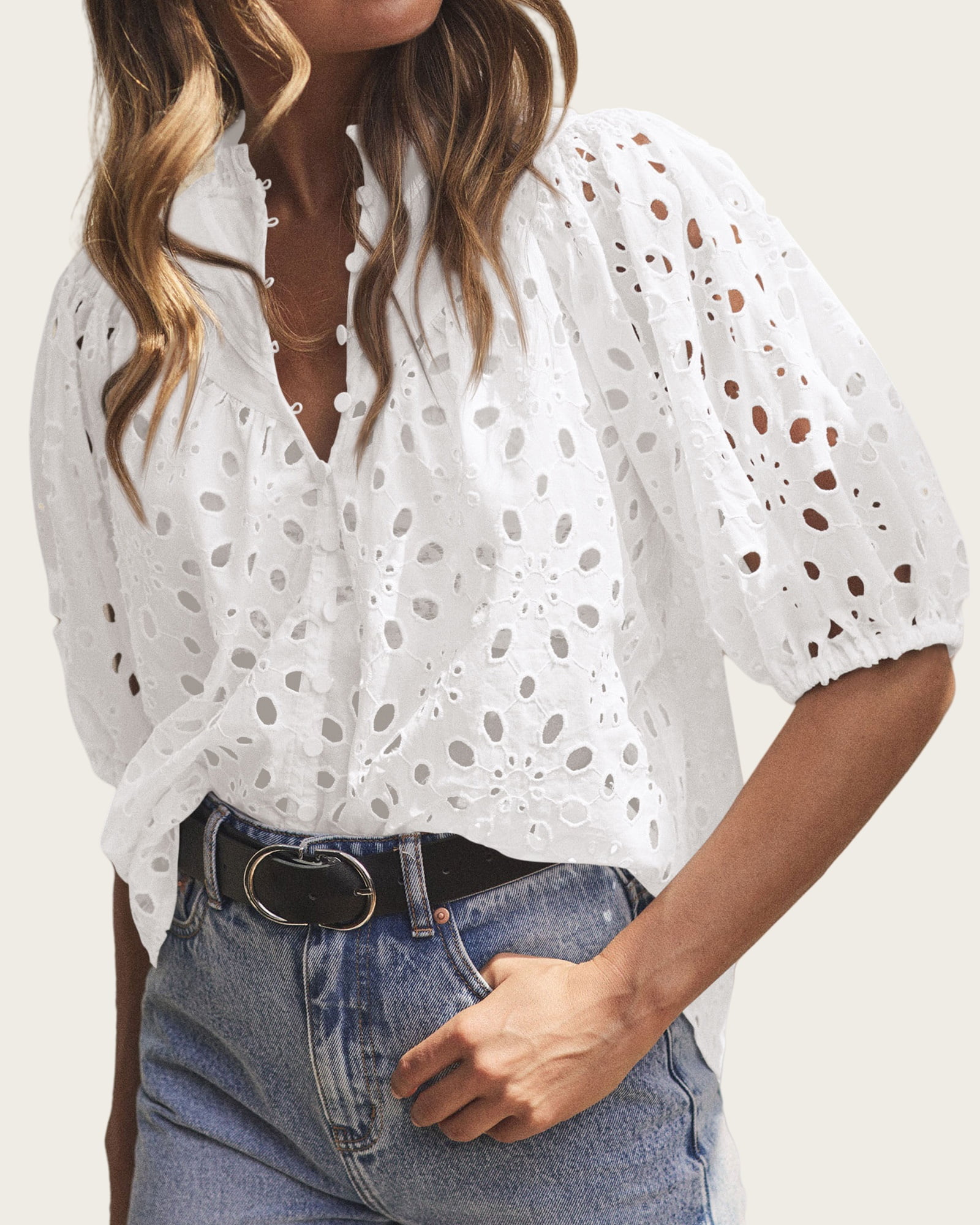 PRETTYGARDEN Women's Summer Tops Dressy Casual Short Lantern Sleeve V Neck Buttons Hollow Out Lace Embroidered Blouses Shirts