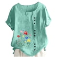 thumbnail image 2 of Gamivast Linen Tops for Women Floral Graphic Short Sleeve Casual Work Shirts Round Collar Side Button Vacation Tops Summer Hiking outfits, 2 of 5