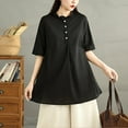 thumbnail image 4 of TKLPEHG Summer Tops for Women Crew Neck Cotton Linen Button Shirts Western Outfit for Women Leisure Solid Color Short Sleeve Blouses Fashion Lightweight Regular Blouses (Black,XL), 4 of 9