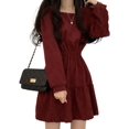 thumbnail image 2 of Vestido de manga larga Sólido Cuello cuadrado Una línea Vintage Cintura alta Longitud Suave Chic Elegante Mini vestido, 2 of 4