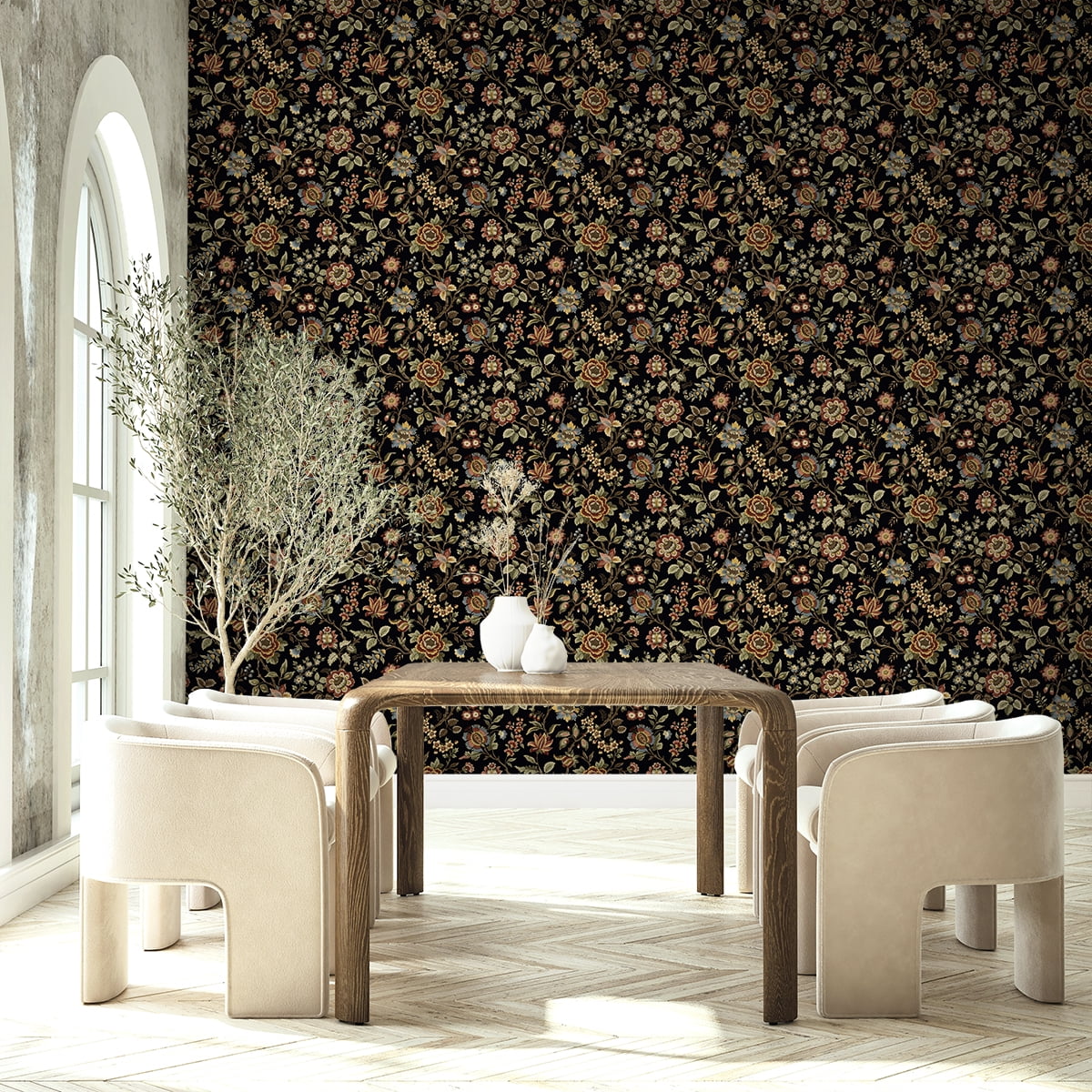 Stacy Garcia Home Ebony Jacobean Floral Trail Peel and Stick Wallpaper - 20.5 in. W x 10 ft. L Roll