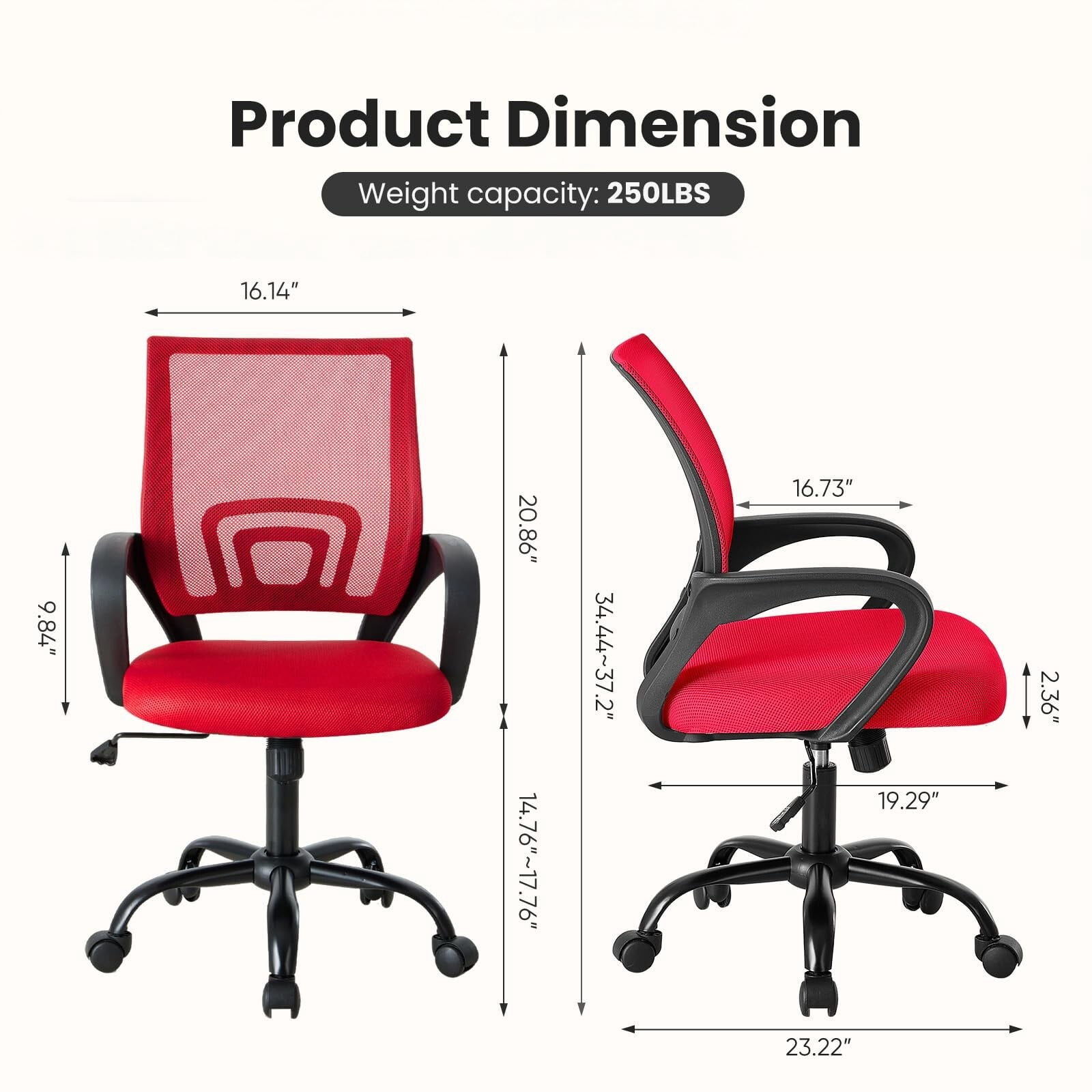 Kelno Mid-Back Mesh Office Chair 250lb Capacity Ergonomic Desk Chair with Lumbar Support Adjustable Height Rocking Task Chair, Red