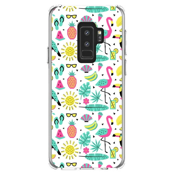 DistinctInk Clear Shockproof Hybrid Case for Samsung Galaxy S9+ PLUS (6.2" Screen) - TPU Bumper, Acrylic Back, Tempered Glass Screen Protector - Summer Graphics - Flamingo Pineapple Sun Glasses