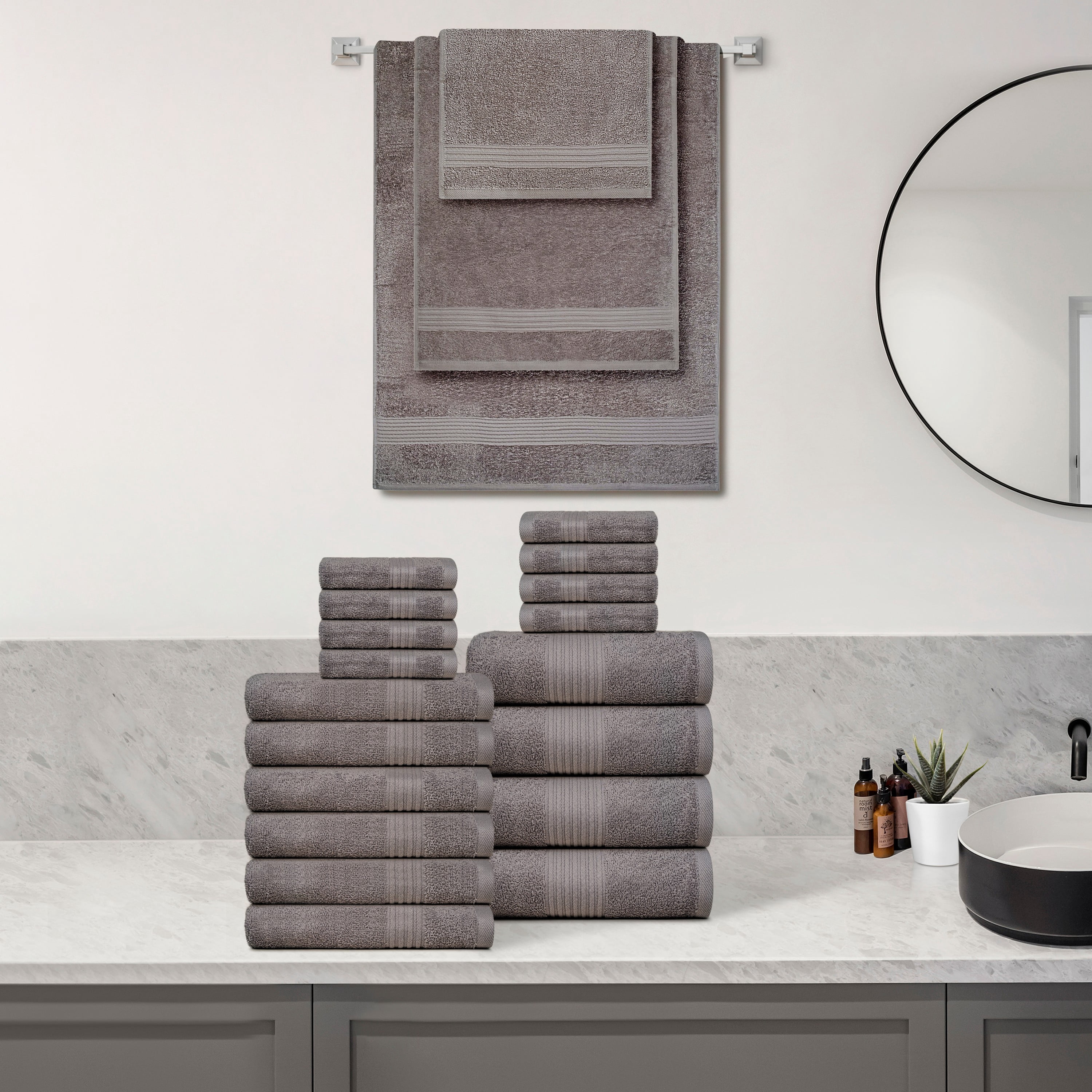 Dewall Maisons Luxurious 18-Piece Dark Grey Towel Set For Complete Bath Experience - Ultra-Soft 100% Cotton - Includes 4 Bath Towels, 6 Hand Towels, 8 Washcloths - Ideal For Daily Use