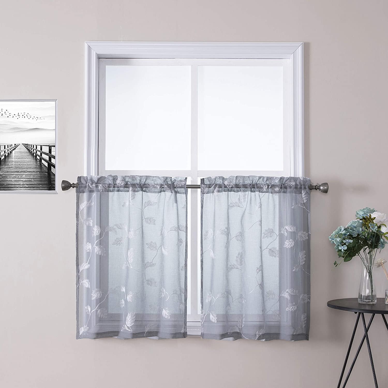 Kitchen Curtains Caf Floral Leaves Embroidery Sheer Tier Curtains Rod Pocket Bathroom Curtain Walmartcom Walmartcom