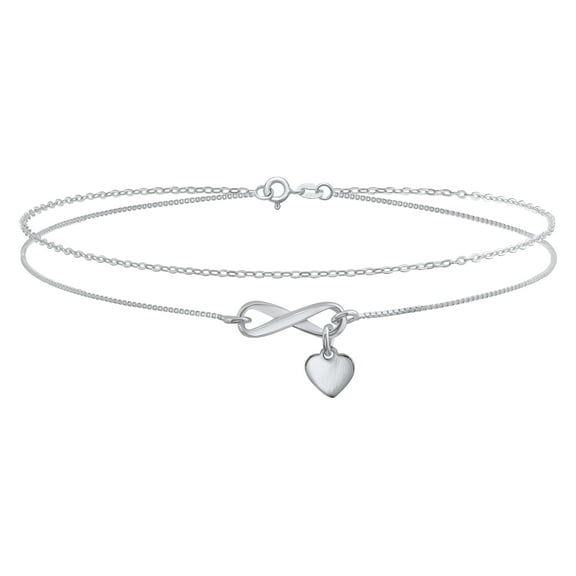 Bling Jewelry Womens Romantic Love Knot Heart Layered Anklet Bracelet Double Chain Silver 9 Inch