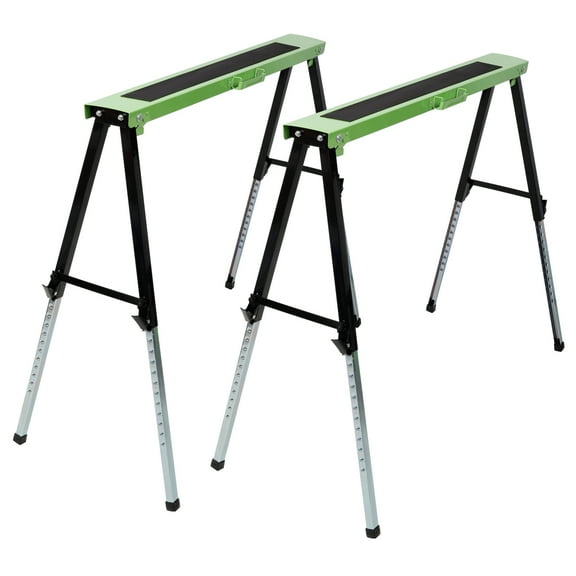 2 Pack Adjustable Saw Horse Folding Work Stand with Fast Open Legs and Carry Handle for Garage Workshop Use 12 Height Settings Heavy Duty Steel Frame