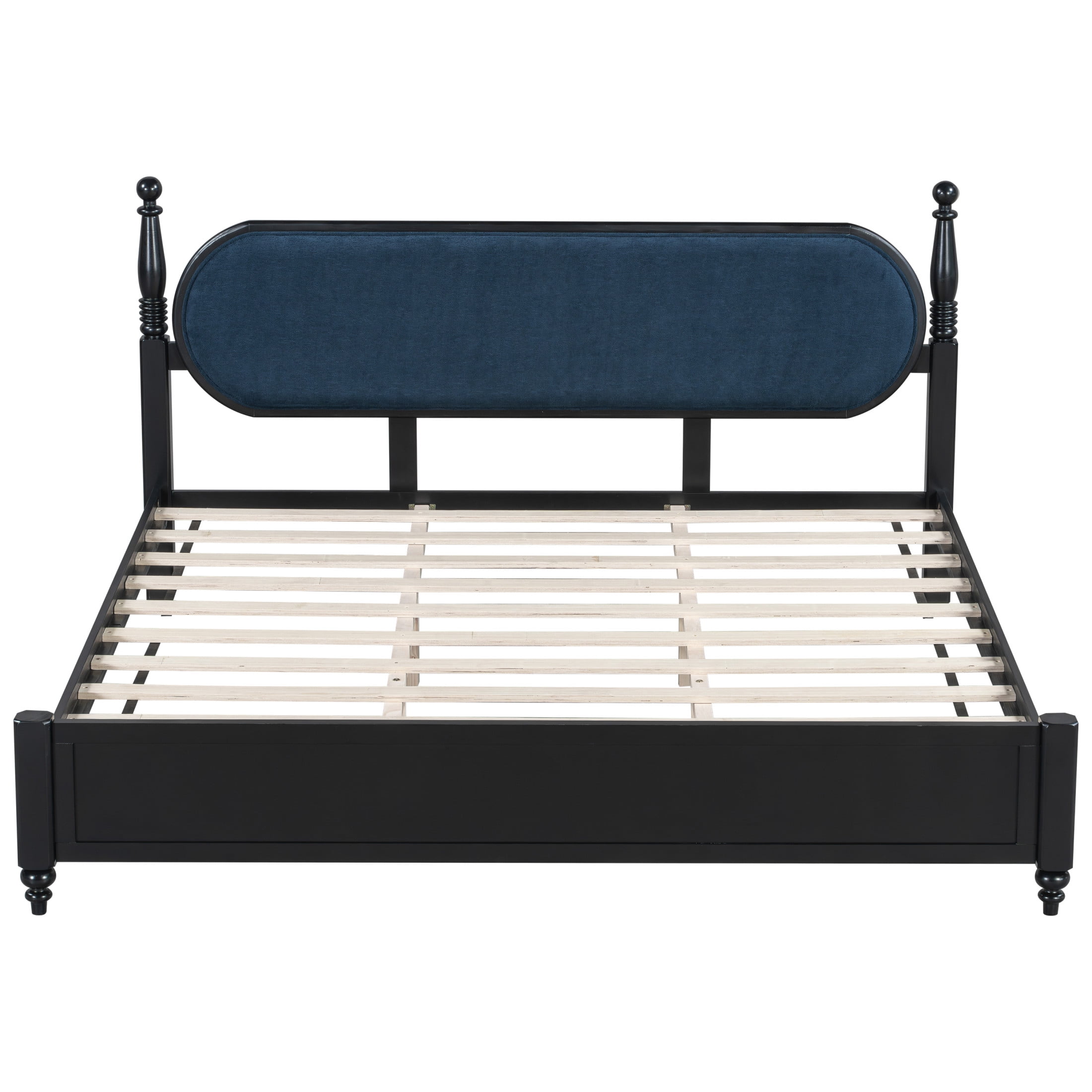 Christopher Knight Home Vintage King Platform Bed Frame with Upholstered Headboard, Black+Navy Blue