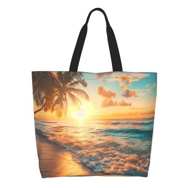 Balery Tropical Sunset Beach Scene Bolsa Tote Estilo Estético con Cremalleras, Bolsa de Hombro, Bolsa de Compras Grande y Plegable