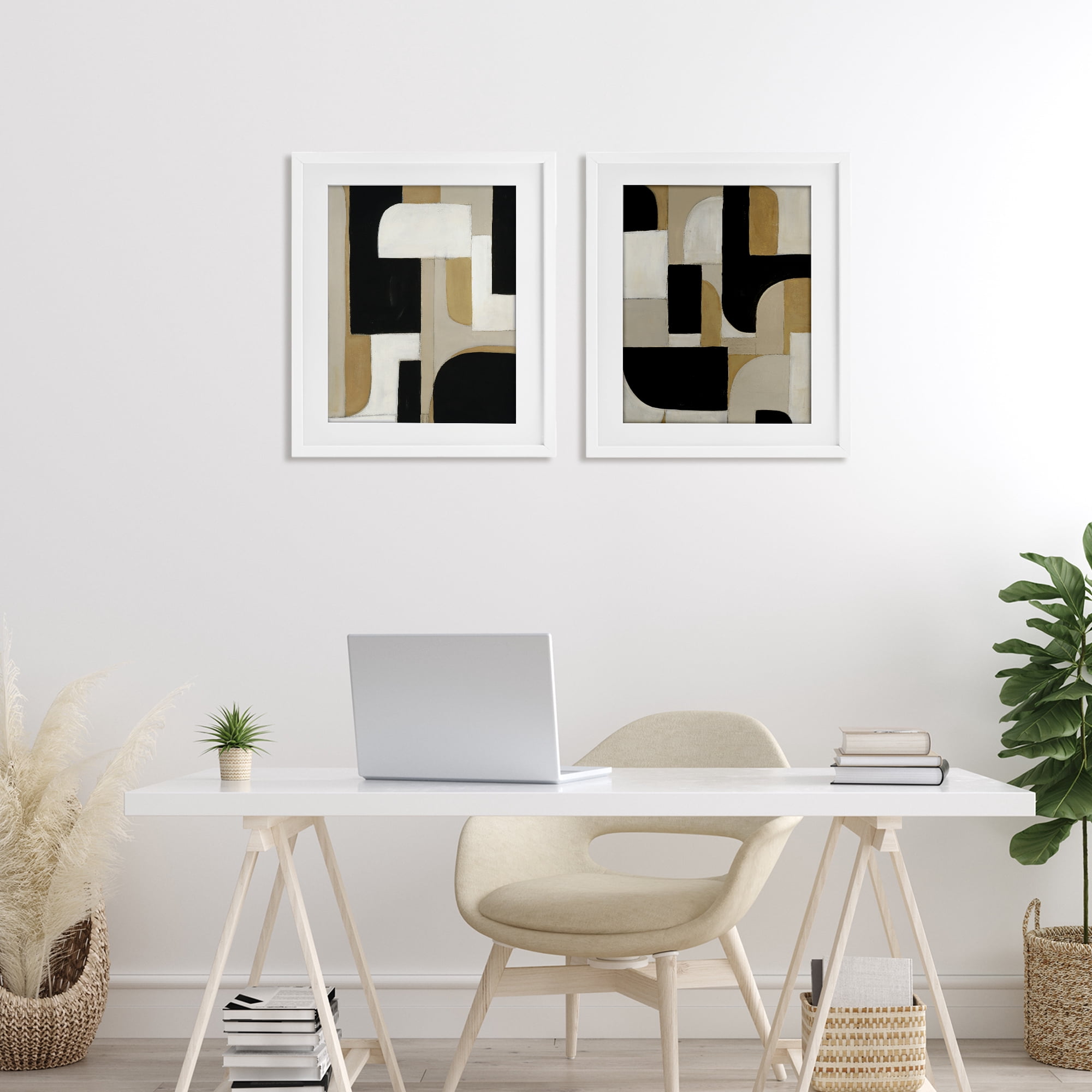 Stupell Industries Neutrals & Black Geometrics 2 Piece White Framed Print Under Glass Set, design by Kippi Leonard
