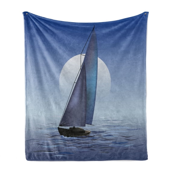 Nautical Soft Flannel Fleece Blanket, Sailing Boat in Moonrise Dramatic Sky Ocean Reflections Wavy Serene Illustration, Cozy Plush for Indoor and Outdoor Use, 50" x 60", Violet Blue, by Ambesonne