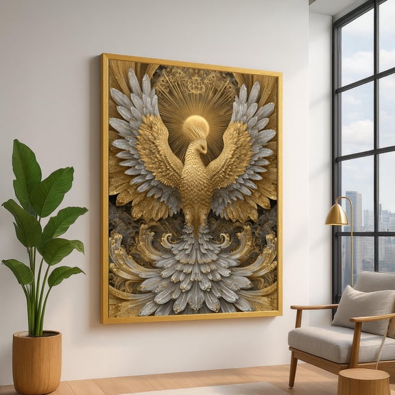 Majestic Phoenix Rising, Golden Silver Bird Wall Art, Mythical Creature Home Decor, Inspirational Abstract, Ready To Hang UNFRAMED Poster, Wall Art for Decor, Present, 8x12