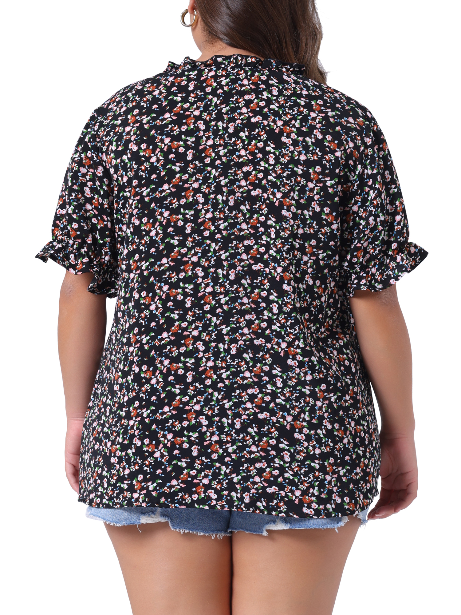 DARING DIVA Women's Plus Summer Tops Floral V Neck Ruffle Puff  Casual Blouse Top 5X Black