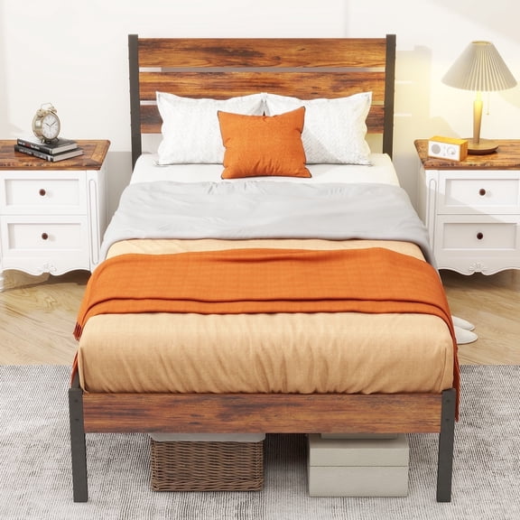 Twin Bed Frame, Mattress Foundation with Headboard, No Box Spring Needed, 700LBS Sturdy Metal Slats Support, Noise Free