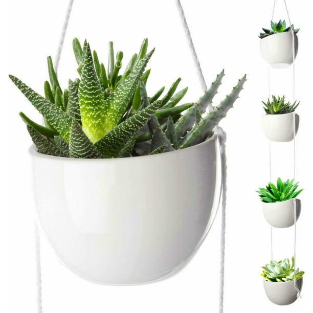 4 Tier Hanging Plant Holder White Ceramic Planters For Wall Ceiling Decorative Com - Indoor Wall Mounted Plant Holders