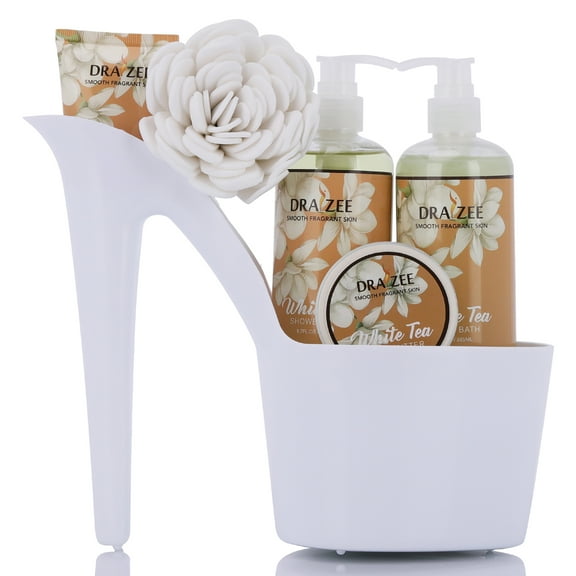 Draizee Heel Shoe Spa Gift Set White Tea Scented Bath Essentials Gift Basket with Shower Gel, Bubble Bath, Body Butter, Body Lotion and Soft EVA Bath Puff – Luxurious Home Relaxation Gifts for Women