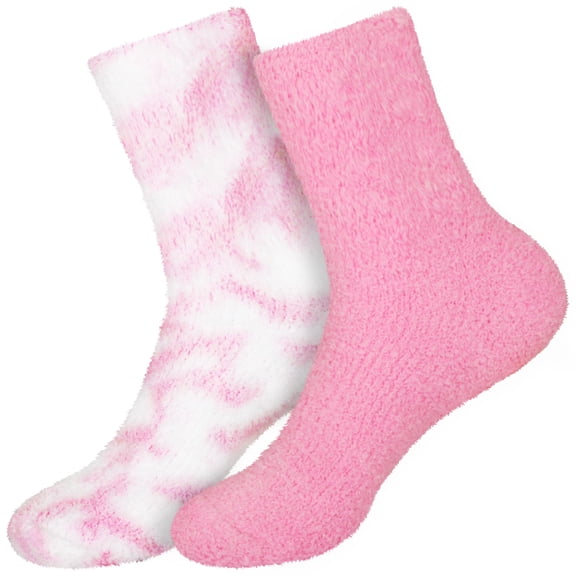 BambooMN Women's Girl Fuzzy Warm Fluffy Tie-Dye Colorful Fun Crew Socks - Raspberry Sorbet - 2 Pairs