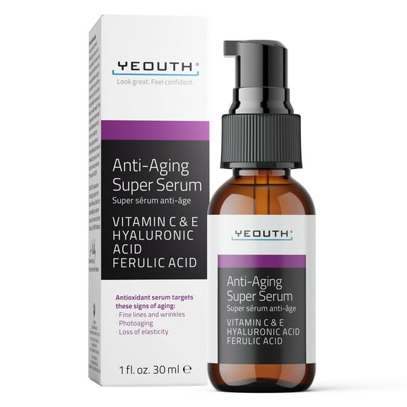 YEOUTH Anti Aging Serum for Face with Hyaluronic Acid, Ferulic Acid, Vitamin C and E 1oz