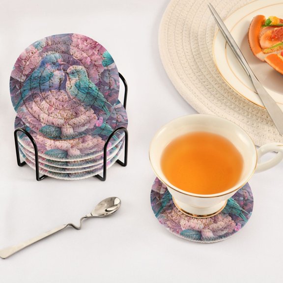 YAZAOO 6Pcs Drink Coasters With Holder 3.94Inch Birds Flowers Butterflies Creative Coil Coaster Coasters Colors Absorbent Coasters for Drinks Coasters Set Thicken Heat for Home Table