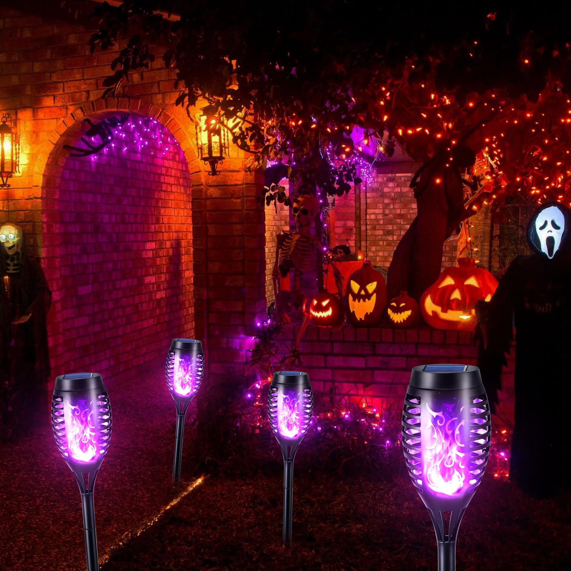 Toodour Solar Halloween Lights Outdoor, 12 Pack LED Solar Torch Lights with Flickering Flame, Waterproof Halloween Decorations for Patio Garden Yard Pathway Landscape, Purple