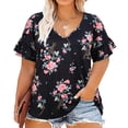 thumbnail image 4 of TIYOMI Plus Size Women's Floral Black Shirts 2X V Neck Tops Flower Ruffle Blouse Short Sleeve Pullover Knitted Summer Tunics 2XL 18W 20W, 4 of 6