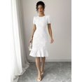 thumbnail image 4 of White Floral Embroidered Puff Sleeve Ruffle Hem Midi Sheath Dress, 4 of 30