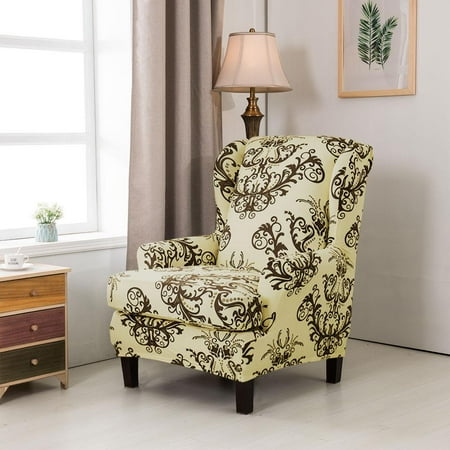 Subrtex Printed Floral 2-Piece Stretch T-cushion Wingback Chair Cover