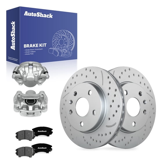 AutoShack Front Vented Drilled & Slotted Coated Brake Rotors Silver Matte Finish   Ceramic Pads   Calipers 8-PC Brake Kit Replacement for 2016 Buick LaCrosse TurboGuard 11.65" (296 mm)