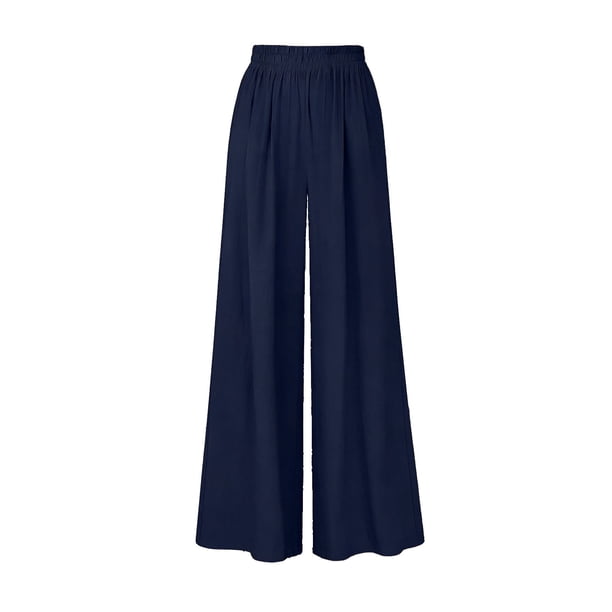 Pantalones Elásticos de Cintura para Mujeres de Moda Bolsillo Sólido Suelto Plisado Pantalones Largos Casual