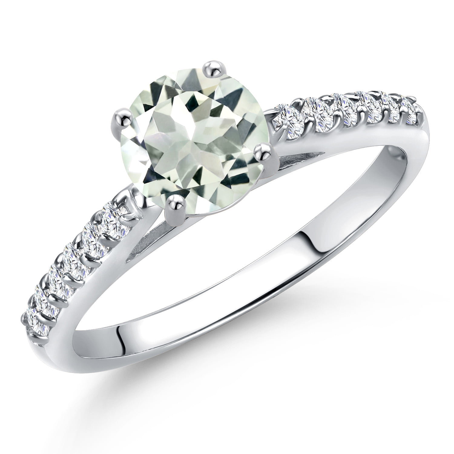Gem Stone King 10K White Gold Green Prasiolite and Lab Grown Diamond Engagement Ring for Women | 0.98 Cttw | Round 6MM | Gemstone Birthstone | Size 5