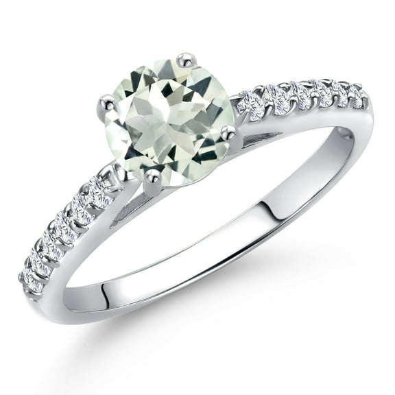 Gem Stone King 10K White Gold Green Prasiolite and Lab Grown Diamond Engagement Ring for Women | 0.98 Cttw | Round 6MM | Gemstone Birthstone | Size 5