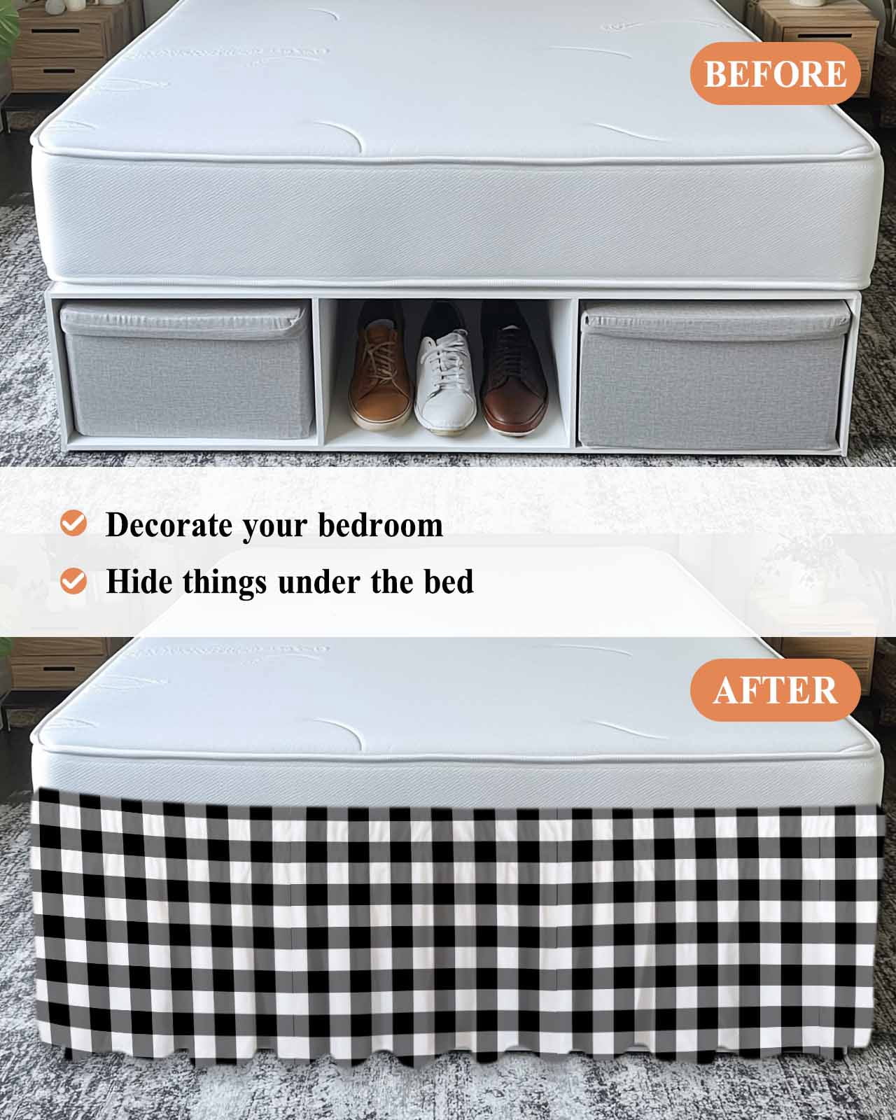 Black White Plaid Wrap Around Bed Skirts for Queen Bed 16" Drop,Bed Skirt with Adjustable Elastic Belt Dust Ruffle Bed Valance for Bedroom Hotel Gradient Geometric Buffalo Checkered Bed Frame Cover