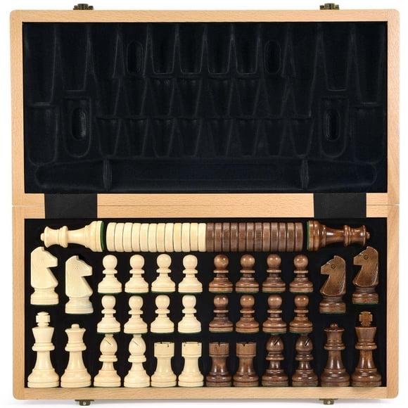 AMEROUS Ensemble d'Échecs et de Dames en Bois de 15 Pouces avec Pièces d'Échecs Lestées Améliorées - 2 Reines Supplémentaires - 24 Pcs de Cherkers - Instructions - Emplacements de Rangement pour Échecs, Jeux de Société Classiques 2 en 1