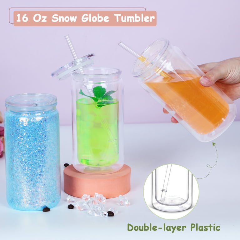 16 oz Plastic Snow Globe Tumbler with Pre-drilled hole, 8 Pack Double Wall tumblers with clear lid and straw, Snow Globe cups for Glitter Diy Gifts (
