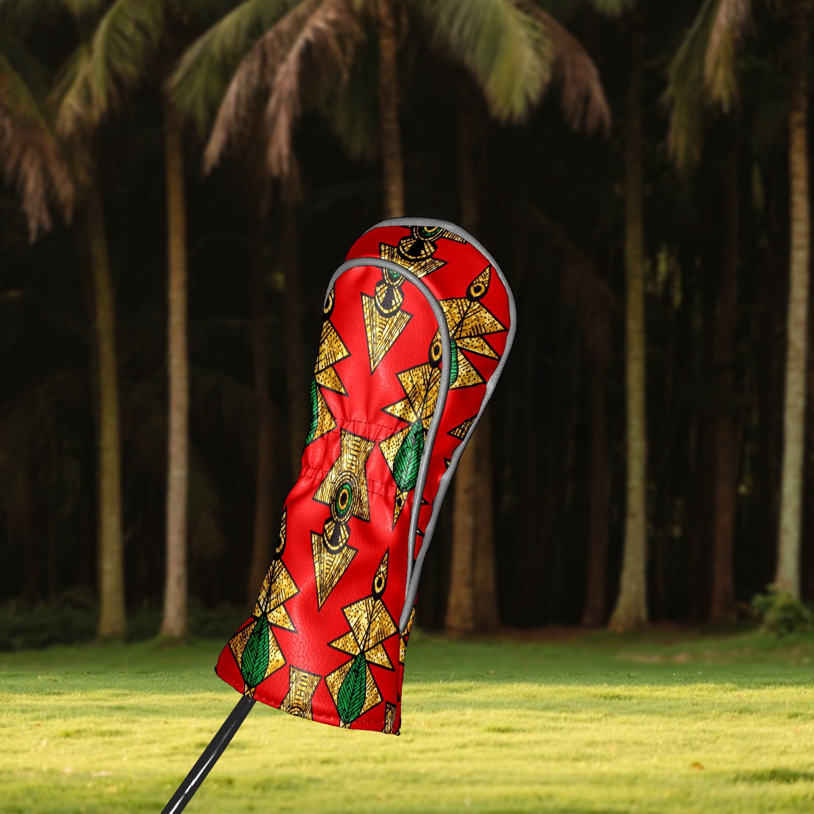 Golf Club Covers, Red GeometricEmblem Premium PU Leather Driver Hybrid Putter Head Covers with Velvet Lining, Waterproof Golf Gifts for Men Women