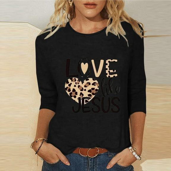 HOMBOM Easter Tops Women Religious Black 3/4 Sleeve Casual Tops Crew Neck LOVE LIKE JESUS Summer Tops XL