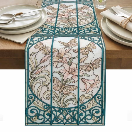 Floral Butterfly Cotton Linen Table Runner Retro Pink Floral Butterfly Green Glass Windows Dining Table Runners for Home Decor Party Dining Room Restaurant Kitchen Party 13 x 90